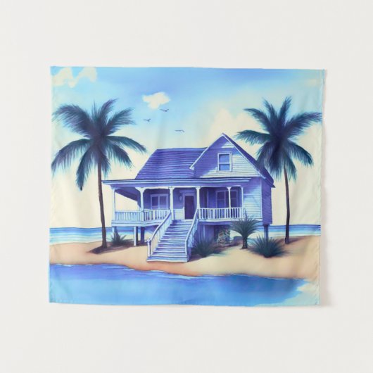 Strandhaus mit Palmen Wandteppich (Vorderseite (Horizontal))