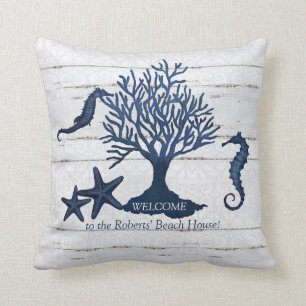 Strandhaus Navy Vintage Seepferdchen Koralle Kissen