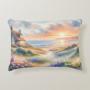 Strandhaus-Sonnenuntergang-Dünen Aquarell Dekokissen