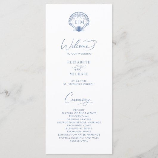 Strandhochzeit Blau Beach Shell Monogramm Hochzeit Programm (Vorderseite)