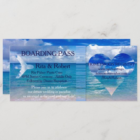 Strandhochzeit| Boarding Pass Ticket Zielort Einladung (Vorne/Hinten)