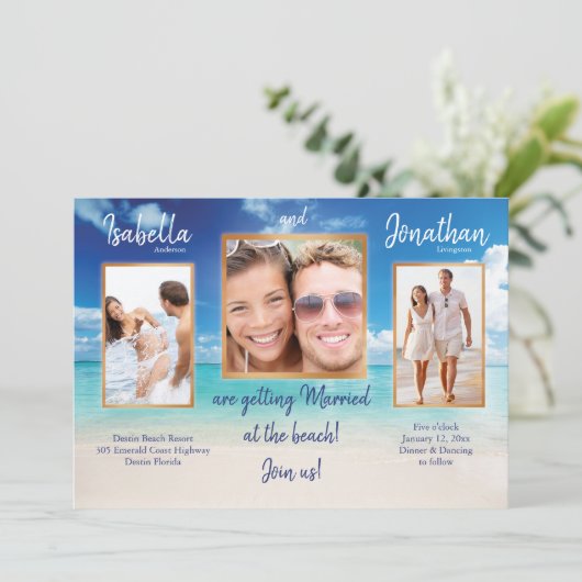 Strandhochzeit |, das Ihre Fotos | personifizieren Einladung (Stehend Vorderseite)