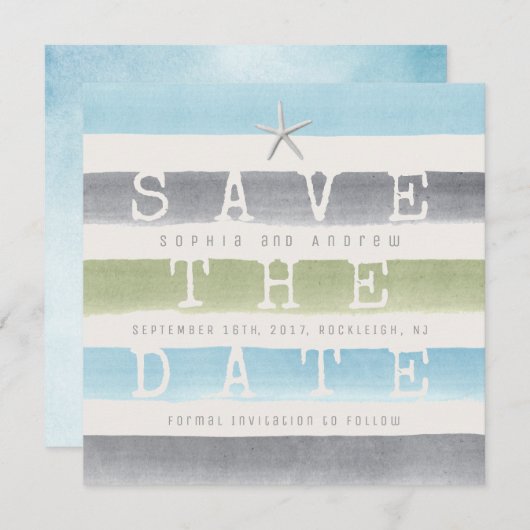 Strandhochzeit mit Aquarellstreifen Save the Date (Vorne/Hinten)