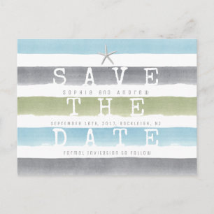 Strandhochzeit mit Aquarellstreifen Save the Date Ankündigungspostkarte