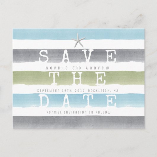 Strandhochzeit mit Aquarellstreifen Save the Date Ankündigungspostkarte (Vorderseite)