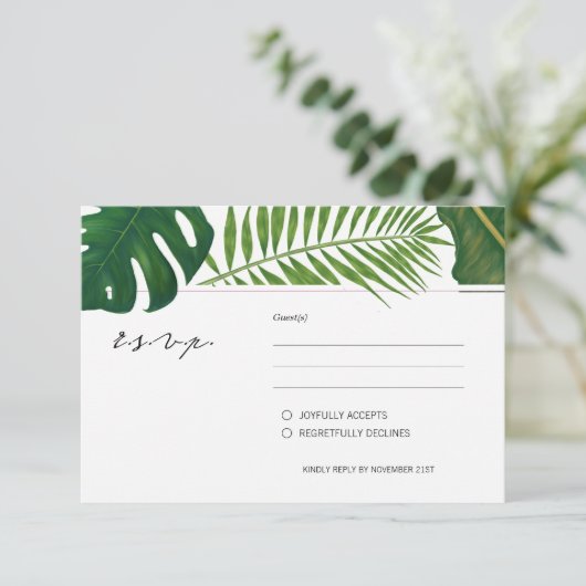 Strandhochzeit mit bemalten tropischen Blätter RSVP Karte (Stehend Vorderseite)