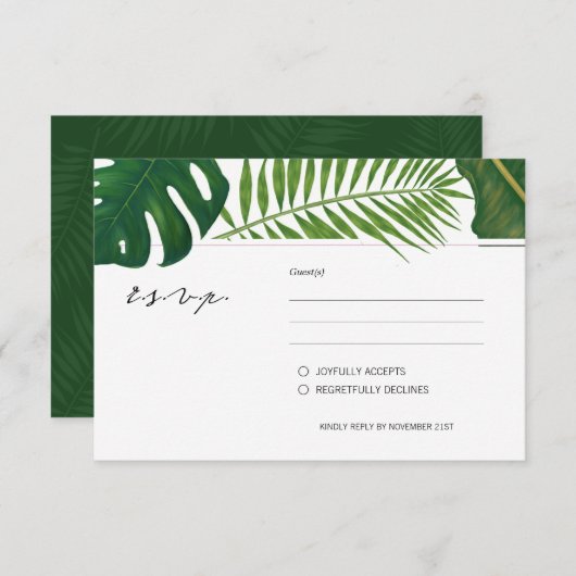 Strandhochzeit mit bemalten tropischen Blätter RSVP Karte (Vorne/Hinten)