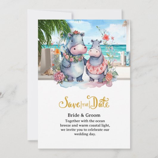 Strandhochzeit mit Nilpferd-Paar Einladung (Vorderseite)