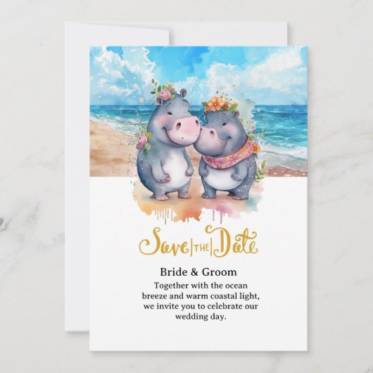 Strandhochzeit mit Nilpferd-Paar Einladung (Vorderseite)
