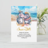 Strandhochzeit mit Nilpferd-Paar Einladung (Stehend Vorderseite)