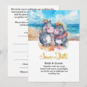 Strandhochzeit mit Nilpferd-Paar Einladung (Vorne/Hinten)