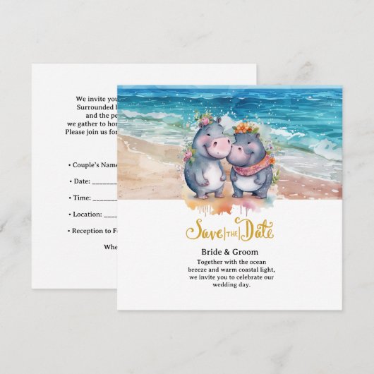 Strandhochzeit mit Nilpferd-Paar Save The Date (Vorne/Hinten)
