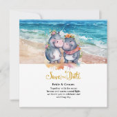 Strandhochzeit mit Nilpferd-Paar Save The Date (Vorderseite)