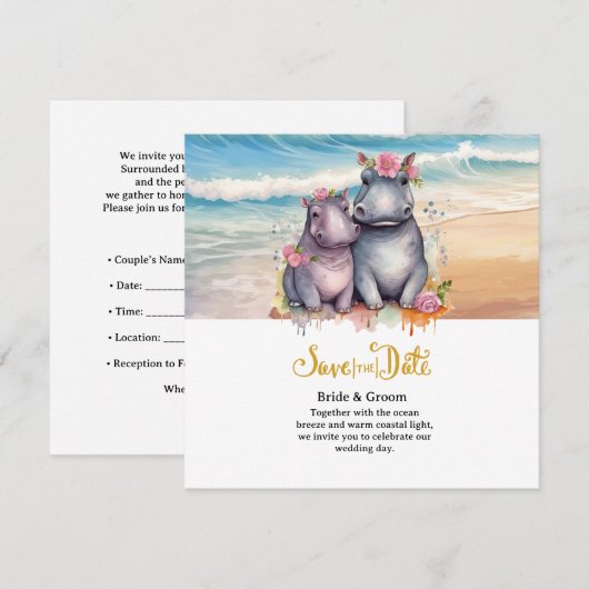 Strandhochzeit mit Nilpferd-Paar Save The Date (Vorne/Hinten)