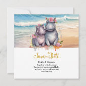 Strandhochzeit mit Nilpferd-Paar Save The Date (Vorderseite)