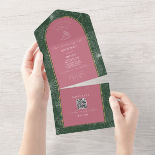 Strandhochzeit mit Palmen und Muscheln QR-Code RSV All In One Einladung