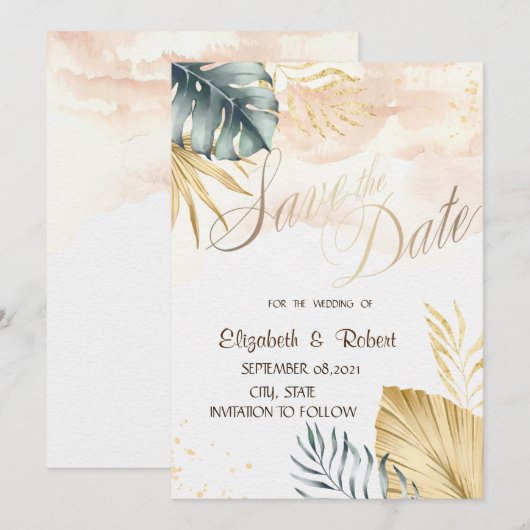 Strandhochzeit mit Palmenblättern - Save-the-Date Save The Date (Vorne/Hinten)