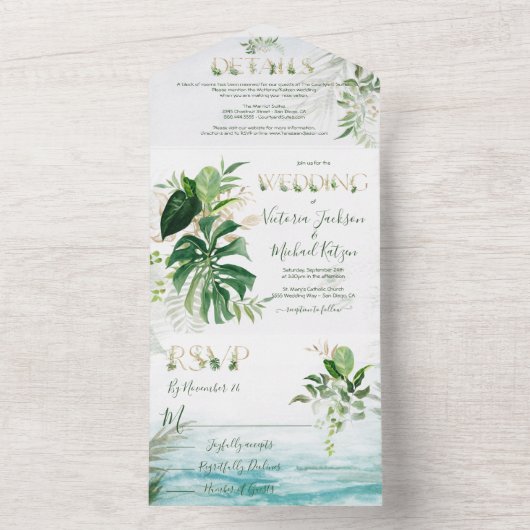 Strandhochzeit mit tropischen Blätter All In One Einladung (Innen Boden)