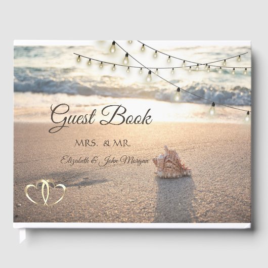 Strandhochzeit, Muschel, Lichterketten Gästebuch (Vorderseite)
