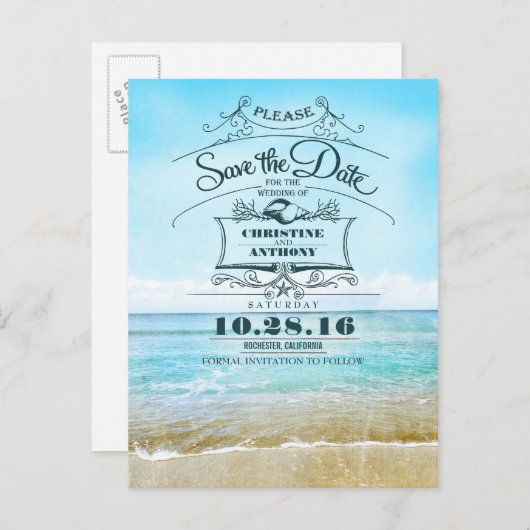 Strandhochzeit-Retro Save the Date Postkarten (Vorne/Hinten)