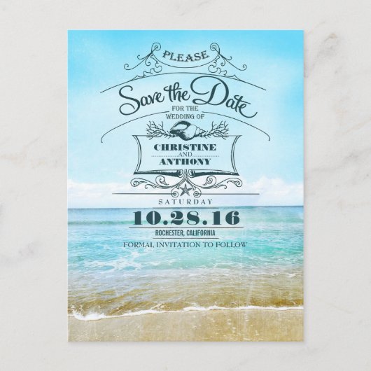Strandhochzeit-Retro Save the Date Postkarten (Vorderseite)