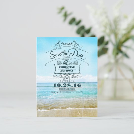 Strandhochzeit-Retro Save the Date Postkarten (Stehend Vorderseite)
