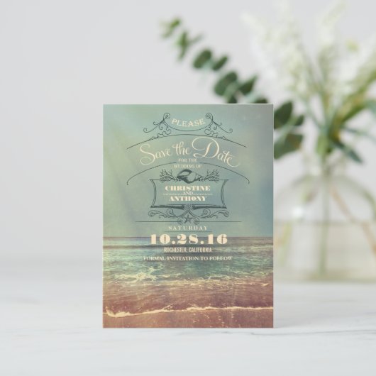 Strandhochzeit-Retro Save the Date Postkarten (Stehend Vorderseite)