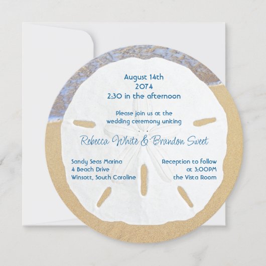 Strandhochzeit Sand-Dollar Runde Einladungen (Vorderseite)