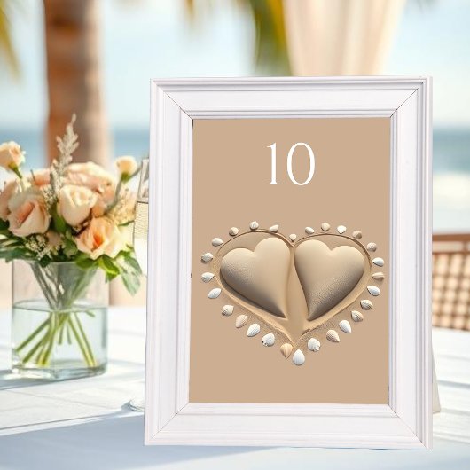 Strandhochzeit Sand Herzen- Tischnummer