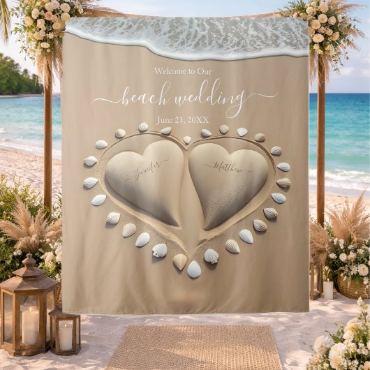 Strandhochzeit Sandherzen Wandteppich