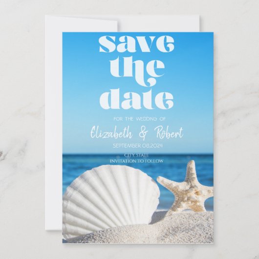 Strandhochzeit, Sandstrand, weiße Muscheln Save th Save The Date (Vorderseite)
