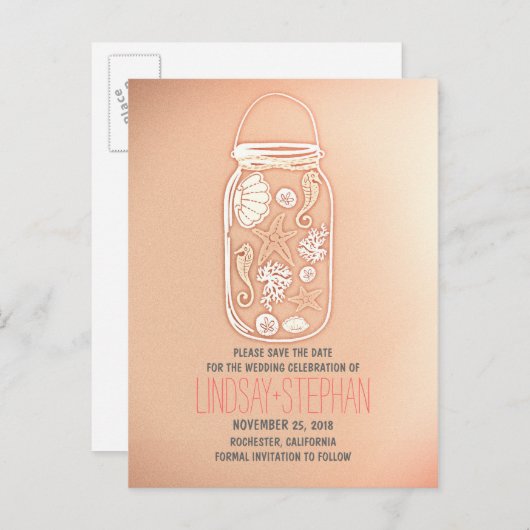 Strandhochzeit Save the Date in Rosa Ankündigungspostkarte (Vorne/Hinten)