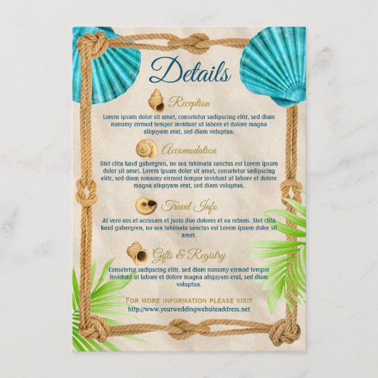 Strandhochzeiten Details Türkis Seashell Rope Palm Begleitkarte (Vorderseite)