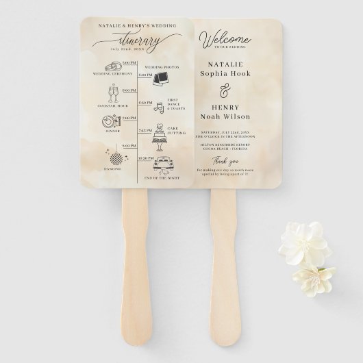 Strandhochzeitprogramm Handfan mit Fahrtzeit Fächer (Vorne und Hinten)