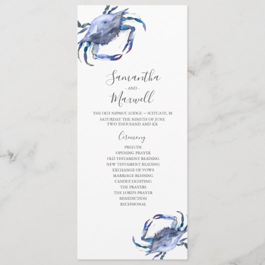 Strandhochzeitprogramme Wasserfarbenkrabbe Einladung (Vorderseite)