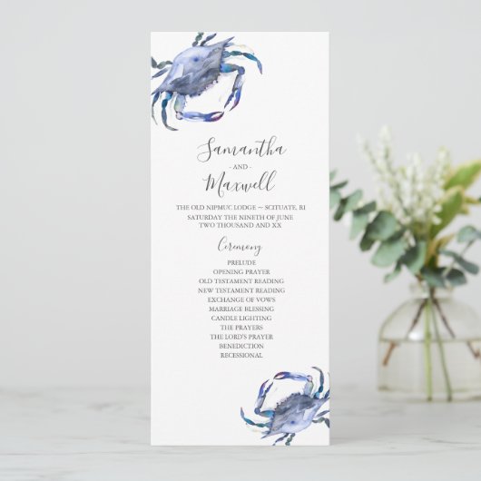 Strandhochzeitprogramme Wasserfarbenkrabbe Einladung (Stehend Vorderseite)