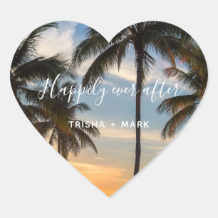 Strandhochzeits-Andenken 'Happily Ever After' Palm Herz-Aufkleber