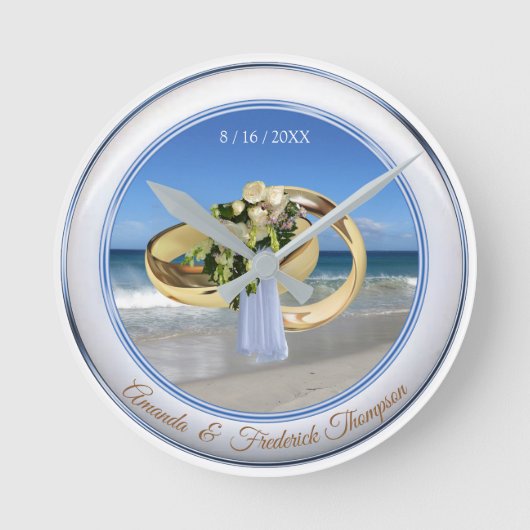 Strandhochzeitungs-Geschenkuhr Runde Wanduhr (Vorderseite)