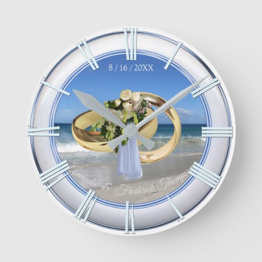 Strandhochzeitungs-Geschenkuhr Runde Wanduhr (Vorderseite)