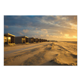 Strandhütten bei Sonnenuntergang an der niederländ Fotodruck