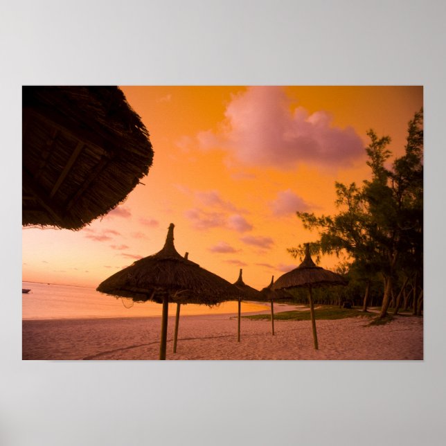 Strandhütten im Palapa-Stil bei Sonnenaufgang, Bel Poster (Vorne)