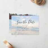 Strandkalligrafie-Foto Save the Date Mitteilungskarte (Vorderseite/Rückseite Beispiel)