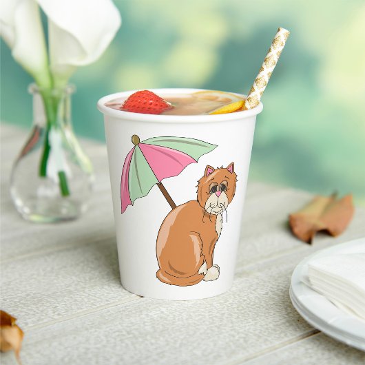 Strandkatze mit rosa und grünem Schirm Pappbecher