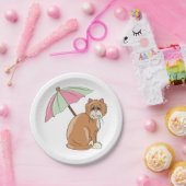 Strandkatze mit rosa und grünem Schirm Pappteller (Party)