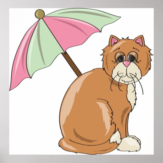 Strandkatze mit rosa und grünem Schirm Poster (Vorne)