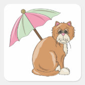 Strandkatze mit rosa und grünem Schirm Quadratischer Aufkleber (Vorderseite)