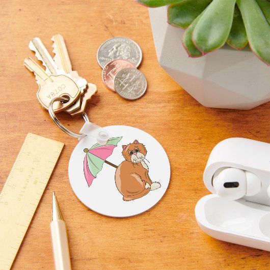 Strandkatze mit rosa und grünem Schirm Schlüsselanhänger