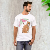 Strandkatze mit rosa und grünem Schirm T-Shirt