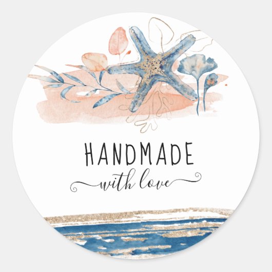 Strandkorallenblau, handgefertigt mit Liebe Runder Aufkleber (Vorderseite)