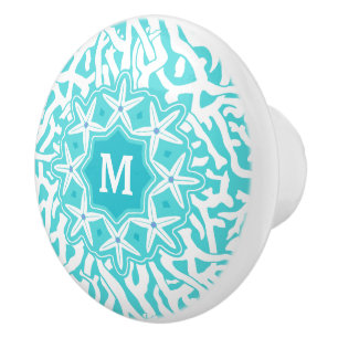 Strandkorallenriff Starfish Aqua Blue White Monogr Keramikknauf